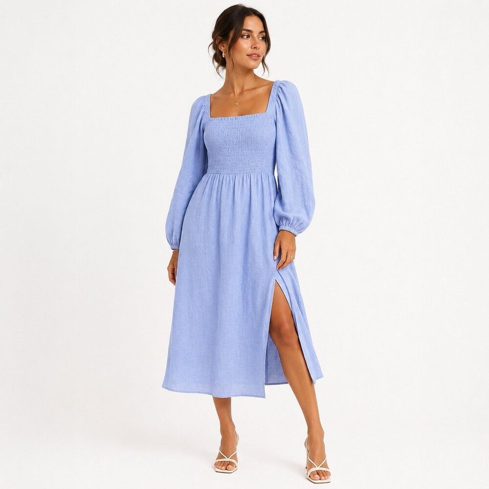 J. Crew Linen Daydream Smocked Puff Sleeve Midi Dress Women Sz L Blue 100% Linen